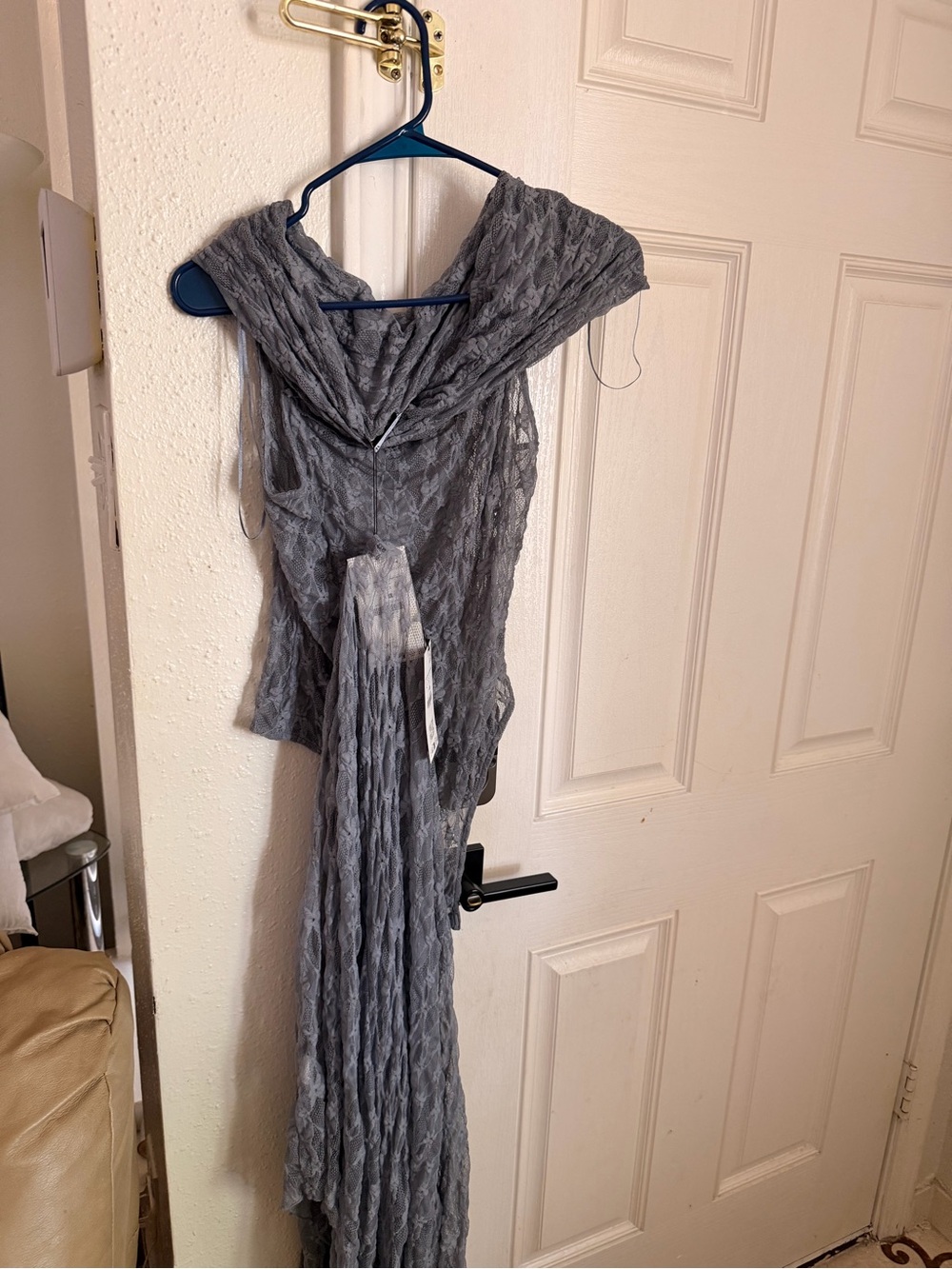 Zara Slate Gray Lace Maxi Dress with Scarf
